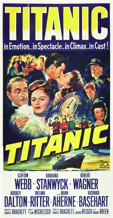 Framed Print : TITANIC, l-r: Clifton Webb, Barbara Stanwyck, Robert Wagner, Audrey Dalton, Richard Basehart, Brian Aherne, Thelma Ritter, 1953, TM and Copyright 20th Century-Fox Film Corp