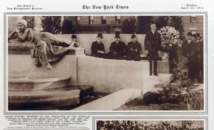 Framed Print : TITANIC: New York Times article showing Mayor Mitchel speaking at dedication of fountain erected at Straus Park 106th Street and West End Ave.)