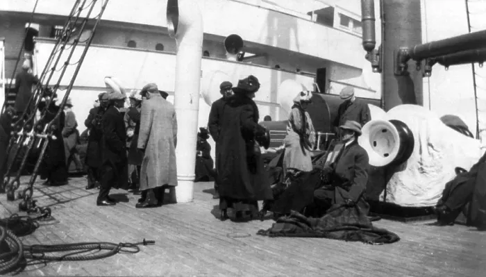 Framed Print : TITANIC, survivors aboard rescue ship CARPATHIA: unidentified group on deck, 1912