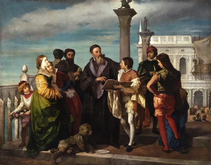 Framed Print : Titian meets the young Veronese on Ponte della Paglia, by Antonio Zona, 1857 - 1861, 19th Century, canvas - Italy, Veneto, Venice, Accademia Galleries. Whole artwork view Framed Print : Titian meets the young Veronese on Ponte della Paglia, by Antonio Zona, 1857 - 1861, 19th Century, canvas - Italy, Veneto, Venice, Accademia Galleries. Whole artwork view