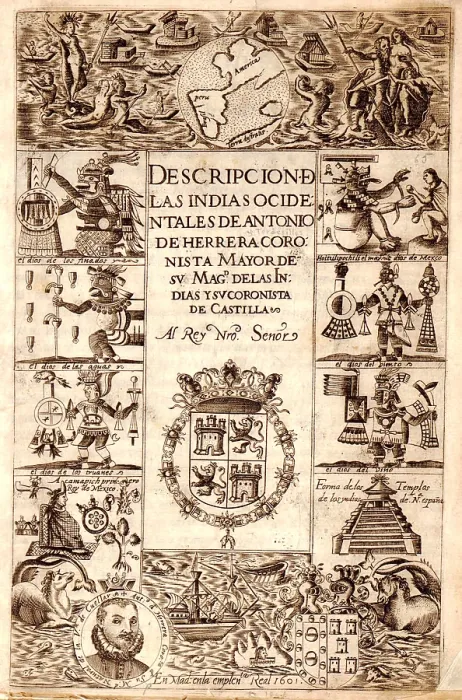 Framed Print : Title Page of 1610 book about the Natives of New Spain with portraits of Inca leaders, prominent Spaniards, native buildings, and scenes