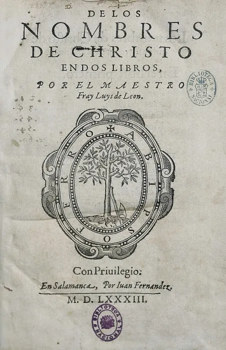 Framed Print : Title page of Fray Luis de Len's work 'On the Names of Christ'. Edition published in Salamanca in 1583. SPAIN. Madrid. National Library Framed Print : Title page of Fray Luis de Len's work 'On the Names of Christ'. Edition published in Salamanca in 1583. SPAIN. Madrid. National Library