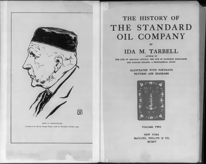 Framed Print : Title page of THE HISTORY OF THE STANDARD OIL COMPANY by Ida M. Tarbell. faced by portrait of John D. Rockefeller by George Varian. 1903