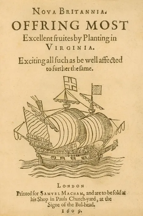 Framed Print : This title page of Nova Britannia depicts an ocean-going sailing ship