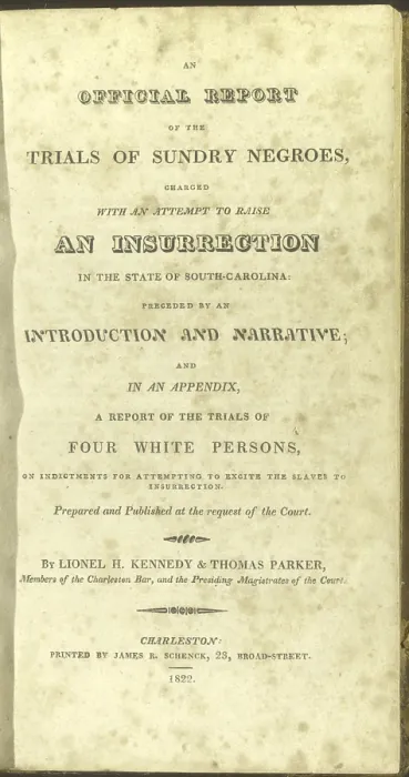 Framed Print : Title page from AN OFFICIAL REPORT OF THE TRIALS OF SUNDRY NEGROS, CHARGED WITH AN ATTEMPT TO RAISE AN INSURRECTION IN THE STATE OF SOUTH CAROLINA
