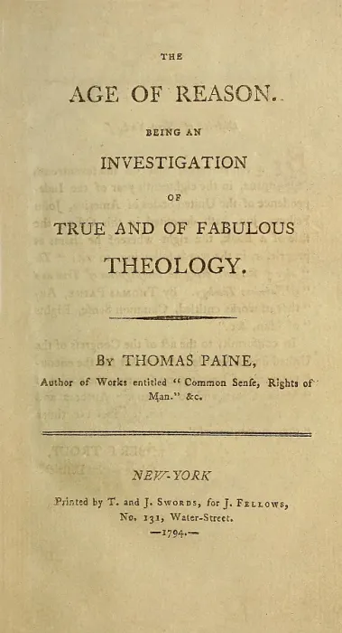Framed Print : Title Page of Thomas Paines, 1794 book, An Examination of the Age of Reason, or, An investigation of True and Fabulous Theology