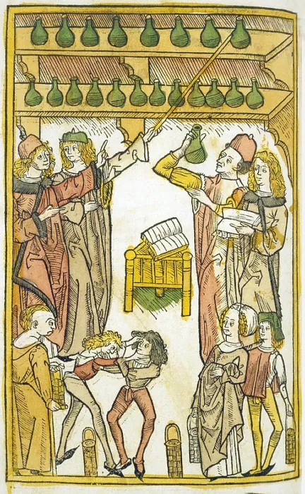 Framed Print : Title page to the treatise on urine analysis in the late medieval book, HORTUS SANITATIS (Origin of Health)