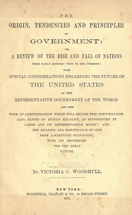Framed Print : Title page of Victoria Woodhull's 1871 polemic, THE ORIGIN, TENDENCIES AND PRINCIPLES OF GOVERNMENT