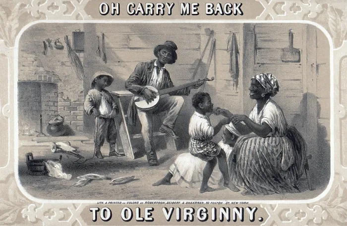 Framed Print : Tobacco package label showing African American banjo player, woman, and children in cabin Framed Print : Tobacco package label showing African American banjo player, woman, and children in cabin