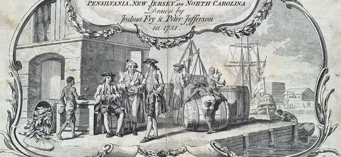 Framed Print : The Tobacco Trade. Merchants relax while slaves load barrels with tobacco bound for export. Engraved cartouche from a map of the mid-atlantic colonies