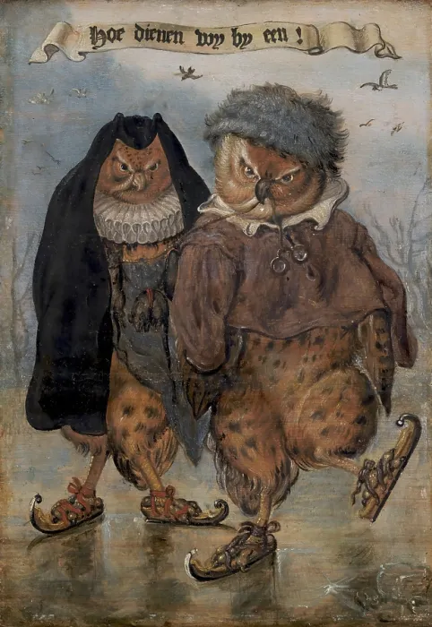 Framed Print : How Well We Go Together, c.1615-1650, by Adriaen Pietersz van de Venne, 1589-1662, Dutch painting, oil on panel. Two anthromorphized owls skate across ice in a winter landscape