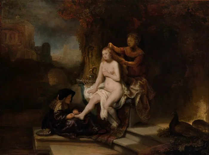 Framed Print : THE TOILET OF BATHSHEBA, by Rembrandt, 1643, Dutch painting, oil on wood. In upper right, King David stands atop his palace and watches Bathsheba bathing