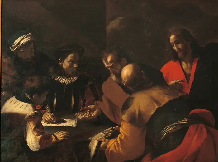 Framed Print : The toll of the coin, by Mattia Preti, 1640, 17th Century, oil on canvas, 143 x 193 cm - Italy, Lombardy, Milan, Brera Collection. Whole artwork view
