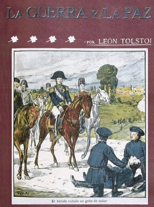 Framed Print : TOLSTOY, Lev Nikolayevich, Leo (1828-1910). Title page of an edition of 'War and Peace' by Leo Tolstoy in Spanish. Painting. SPAIN. Barcelona
