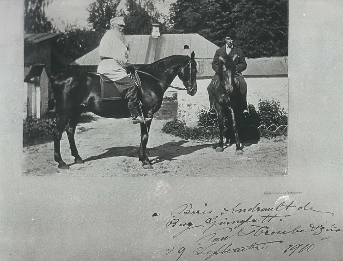 Framed Print : TOLSTOY, Lev Nikolayevich, Leo (1828-1910). Leo Tolstoy with P.P.Trubetskoi on horseback at the writer's house in 1910. RUSSIA. TULA. Ysnaia Poliana. Tolstoy House Museum