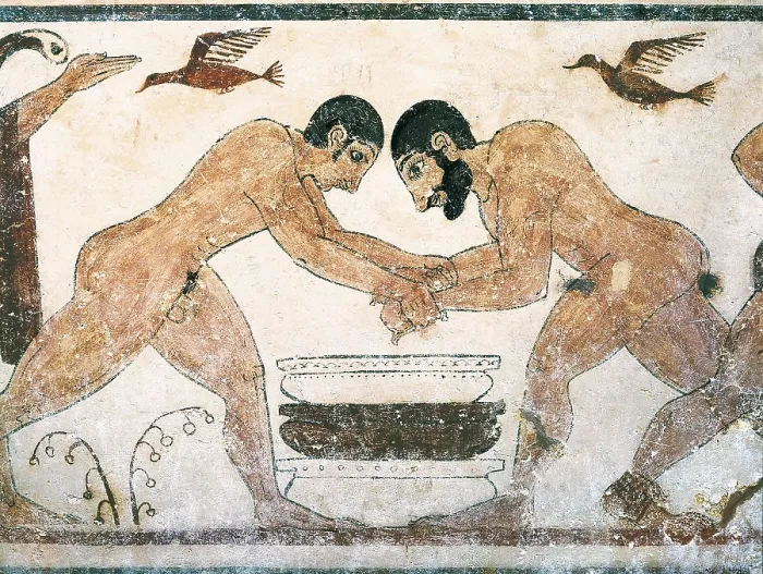 Framed Print : Tomb of the Augurs. 6th c. BC. ITALY. Tarquinia. Necropolis of Monterozzi. Tomb of The Augurs. The Athletes. Etruscan art. Fresco. AISA / Everett Collection**US SALES ONLY**