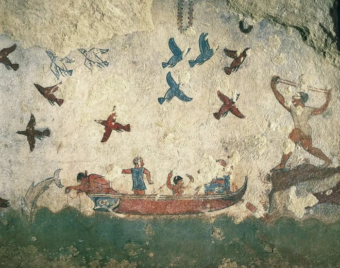 Framed Print : Tomb of Hunting and Fishing. ITALY. Tarquinia. Necropolis of Monterozzi. Tomb of Hunting and Fishing. Fishermen. Etruscan art. Fresco. AISA / Everett Collection**US SALES ONLY**