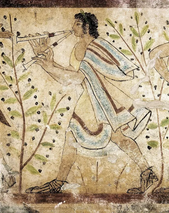 Framed Print : Tomb of the Leopards. ITALY. Tarquinia. Necropolis of Monterozzi. Tomb of the Leopards. Flautist. Etruscan art. Fresco. AISA / Everett Collection**US SALES ONLY**