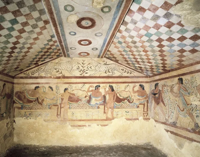 Framed Print : Tomb of the Leopards. ITALY. Tarquinia. Necropolis of Monterozzi. Banquet scene and leopards. Etruscan art. Fresco. AISA / Everett Collection**US SALES ONLY**
