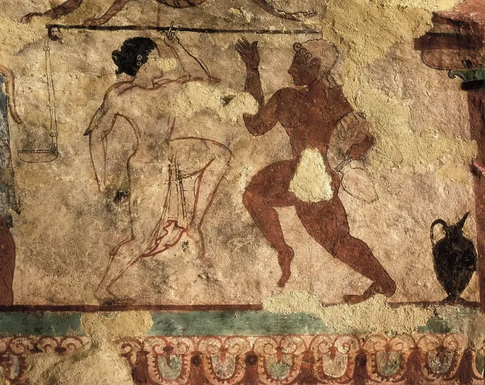 Framed Print : Tomb of The Lionesses. ITALY. Tarquinia. Necropolis of Monterozzi. Tomb of The Lionesses. Dancers. Etruscan art. Fresco. AISA / Everett Collection**US SALES ONLY**