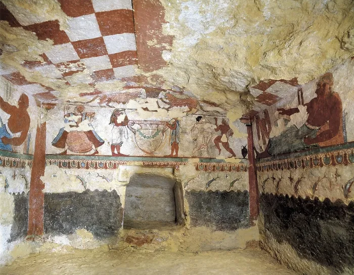 Framed Print : Tomb of The Lionesses. ITALY. Tarquinia. Necropolis of Monterozzi. Tomb of The Lionesses. Etruscan art. Fresco. - BeBa / Iberfoto / Everett Collection (359229)**US SALES ONLY**