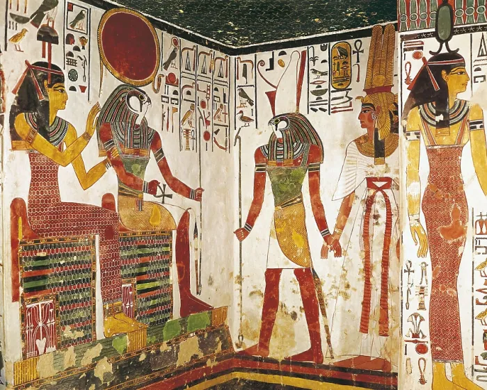 Framed Print : Tomb of Queen Nefertari. EGYPT. Dayr al-Bahri. Valley of the Queens. Tomb of Queen Nefertari. The Queen with gods Ra and Horus. Egyptian art. New Kingdom. Painting