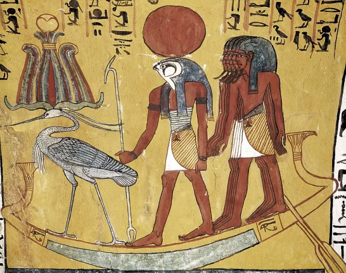 Framed Print : Tomb of Sennedjem. 1306 -1290 BC. EGYPT. Dayr al-Bahri. Valley of the Artisans. Tomb of Sennedjem. God Ra in the boat with the holy ibis. Egyptian art. New Kingdom. Painting