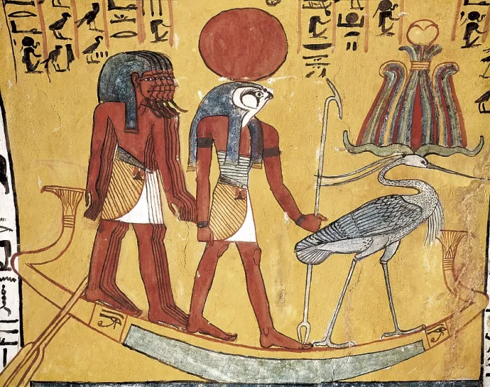 Framed Print : Tomb of Sennedjem. 1306 -1290 BC. EGYPT. Dayr al-Bahri. Valley of the Artisans. Tomb of Sennedjem. God Ra in the boat with the holy ibis. Egyptian art. New Kingdom. Painting