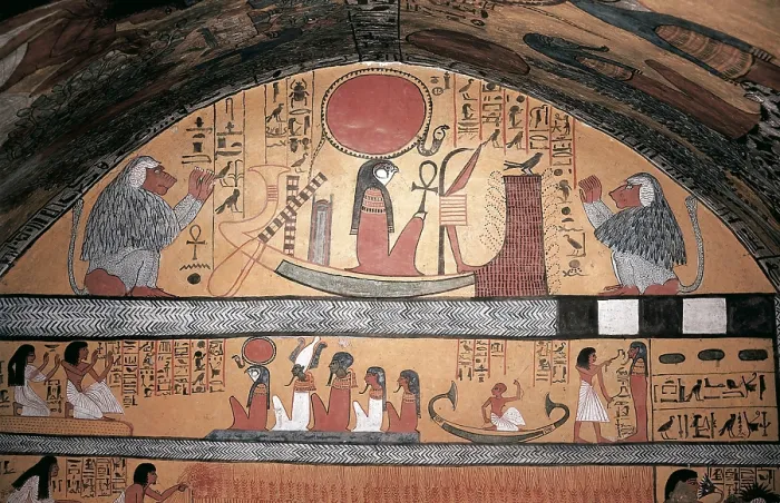 Framed Print : Tomb of Sennedjem. 1306 -1290 BC. EGYPT. Dayr al-Bahri. Valley of the Artisans. Tomb of Sennedjem. Upper section of the eastern wall with God Ra and baboons. Egyptian art
