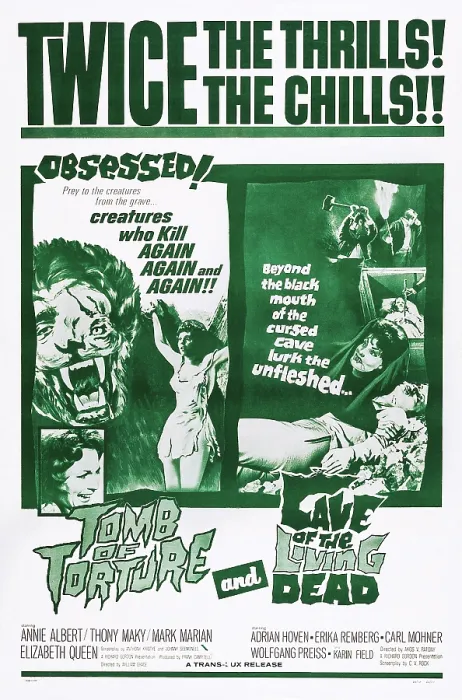 Framed Print : TOMB OF TORTURE, (aka METEMPSYCHO), US poster art, 1963; double feature: CAVE OF THE LIVING DEAD, (aka NIGHT OF THE VAMPIRES, aka DER FLUCH DER GRUNEN AUGEN), US poster art, 1964