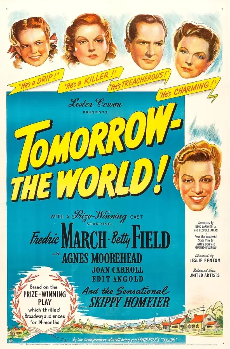 Framed Print : TOMORROW-THE WORLD!, US poster, from top left: Joan Carroll, Betty Field, Fredric March, Agnes Moorehead, Skip Homeier, 1944