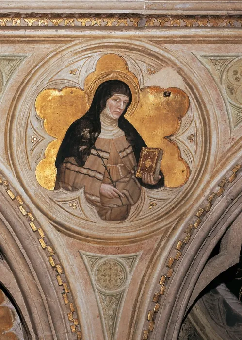 Framed Print : Tondo with St Clare, by Altichiero da Zevio, 1372 - 1379 about, 14th Century, fresco, - Italy, Veneto, Padua, SantAntonio di Padova Basilica, San Giacomo Chapel. All