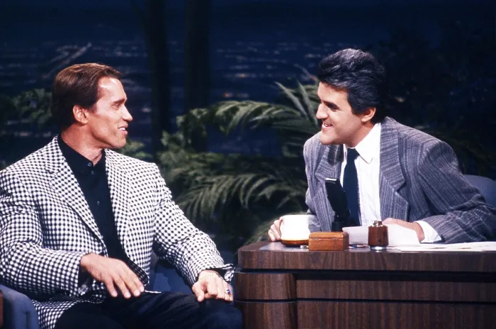 Framed Print : THE TONIGHT SHOW WITH JAY LENO, from left: Arnold Schwarzenegger, Jay Leno, (1990s), 1992-2014