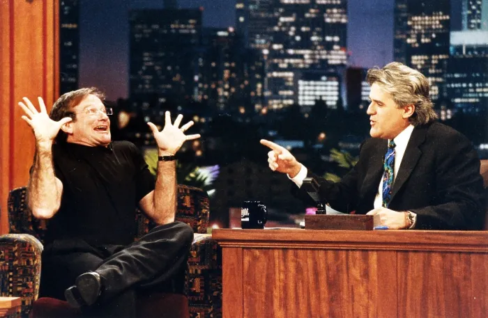 Framed Print : THE TONIGHT SHOW WITH JAY LENO, from left: Robin Williams, Jay Leno, season 4, ep. 879, aired, 3 / 7 / 1996, 1992-2014 Framed Print : THE TONIGHT SHOW WITH JAY LENO, from left: Robin Williams, Jay Leno, season 4, ep. 879, aired, 3 / 7 / 1996, 1992-2014