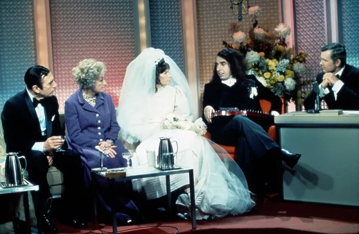 Framed Print : THE TONIGHT SHOW STARRING JOHNNY CARSON, from left: Nick Lucas, Phyllis Diller, Victoria Budinger ('Miss Vicki'), Tiny Tim, Johnny Carson, Tiny Tim's Wedding