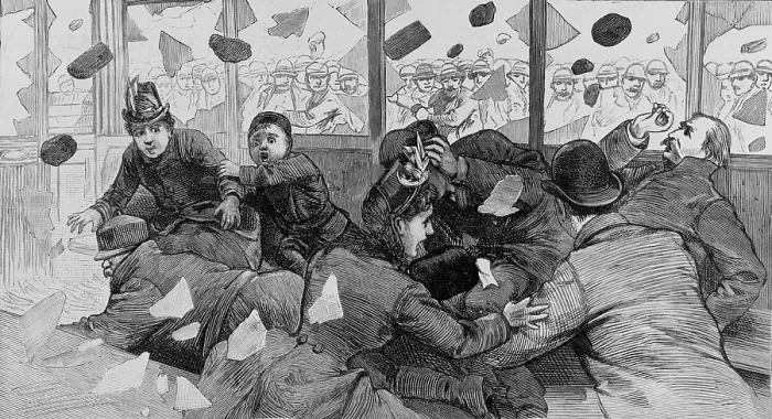 Framed Print : TOP: Passengers inside a South Boston Street car are showered with broken glasses as strikers throw rocks and bricks in February 1887. BOTTOM: Police charging on the rioters