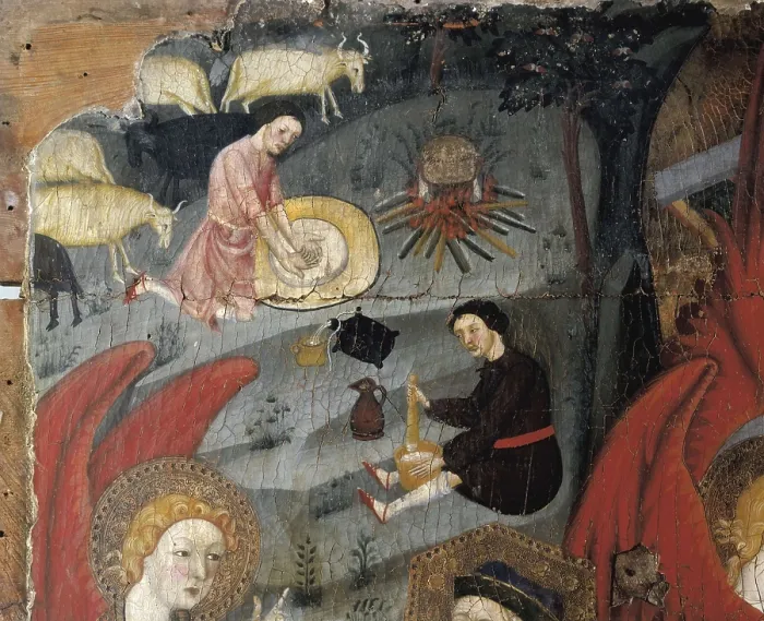 Framed Print : TORA, Master of (14th century). Annunciation to St. Joachim and St. Anne of the Birth of the Virgin Mary. 14th c. Detail of shephers preparing a meal. Gothic art. Oil on wood