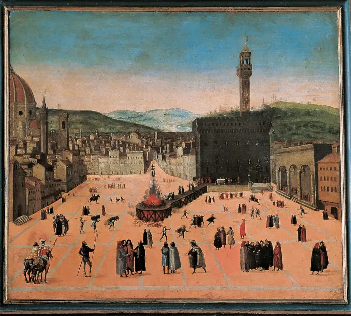 Framed Print : Torture of Savonarola in Piazza della Signoria, by Anonymous artist, 17th Century, oil on canvas, cm 104 x 118, 5 - Italy, Tuscany, Florence, San Marco Convent, Picture Gallery