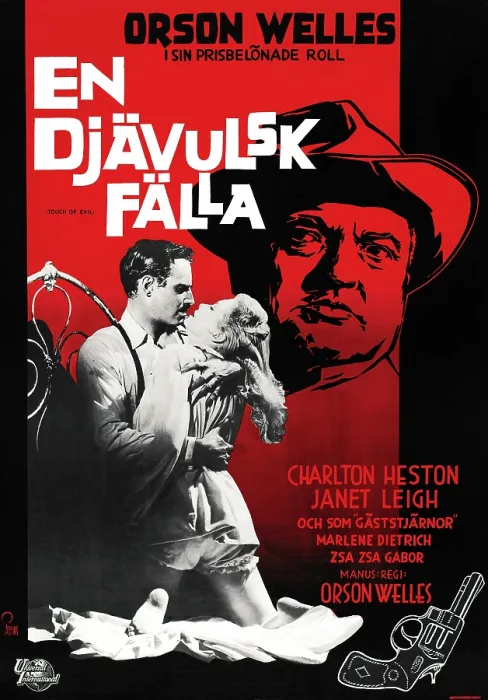 Framed Print : TOUCH OF EVIL, (aka EN DJAVULSK FALLA), Swedish poster, from left: Charlton Heston, Janet Leigh, Orson Welles, 1958 Framed Print : TOUCH OF EVIL, (aka EN DJAVULSK FALLA), Swedish poster, from left: Charlton Heston, Janet Leigh, Orson Welles, 1958