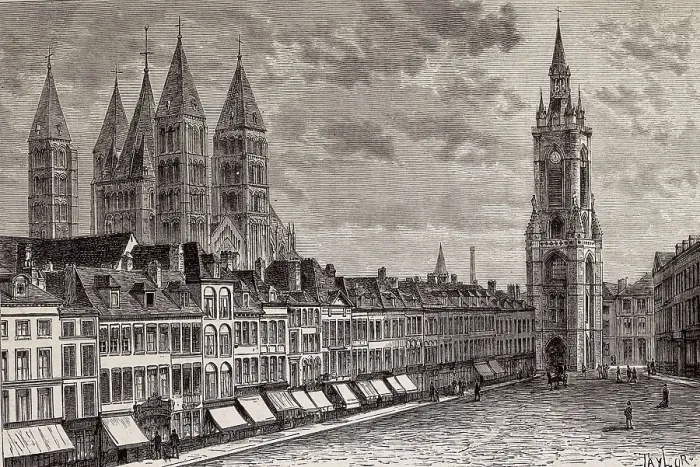 Framed Print : Tournai. Gran Place with bell tower and cathedra, in 1881. Engraving. AISA / Everett Collection**US SALES ONLY** Framed Print : Tournai. Gran Place with bell tower and cathedra, in 1881. Engraving. AISA / Everett Collection**US SALES ONLY**