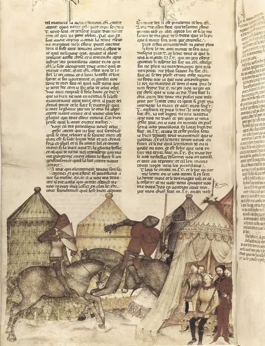 Framed Print : Tournament with Tristan with a knight before the king. Fol. 86 v. of the book 'Tristan de Lonois'. Miniature Painting. FRANCE. Paris. National Library