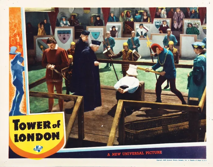 Framed Print : TOWER OF LONDON, lobbycard, John Sutton (left), Boris Karloff (red hood), John Rodion (kneeling), 1939