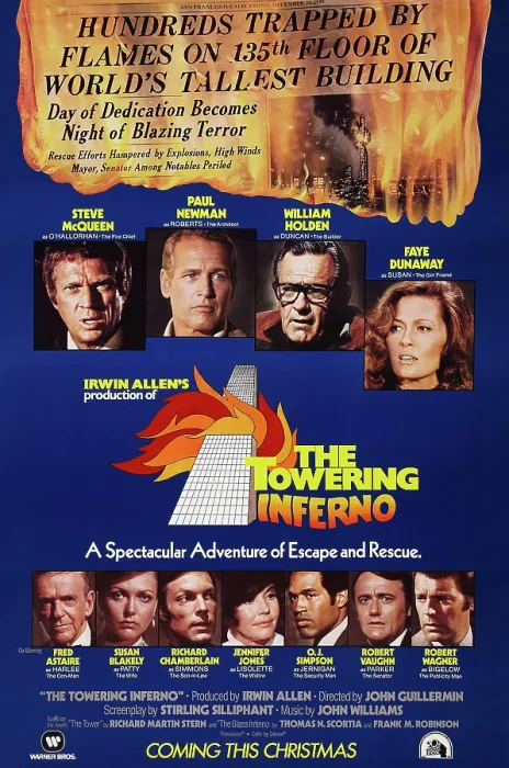 Framed Print : THE TOWERING INFERNO, US advance poster art, top from left: Steve McQueen, Paul Newman, Faye Dunaway; bottom from left: Fred Astaire, Susan Blakely, Richard Chamberlain