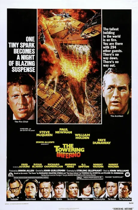 Framed Print : THE TOWERING INFERNO, US poster art, top from left: Steve McQueen, Paul Newman; bottom from left: William Holden, Faye Dunaway, Fred Astaire, Susan Blakely, Richard Chamberlain