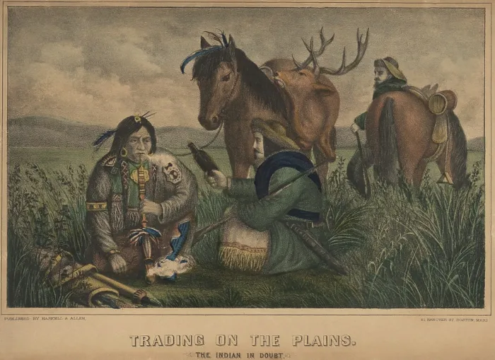 Framed Print : TRADING ON THE PLAINS. THE INDIAN IN DOUBT, ca. 1840-60 lithograph by Haskell and Adams of Boston