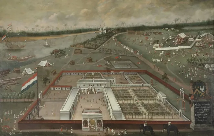 Framed Print : The Trading Post of the Dutch East India Company in Hooghly, Bengal, by Hendrik van Schuylenburgh, 1665, Dutch Colonial painting, oil on panel. At left is the Ganges River Framed Print : The Trading Post of the Dutch East India Company in Hooghly, Bengal, by Hendrik van Schuylenburgh, 1665, Dutch Colonial painting, oil on panel. At left is the Ganges River