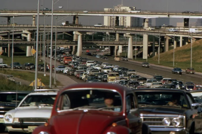 Framed Print : Traffic jam on a freeway with a multistory group of overpasses in the background. Ca. 1973-75 Framed Print : Traffic jam on a freeway with a multistory group of overpasses in the background. Ca. 1973-75