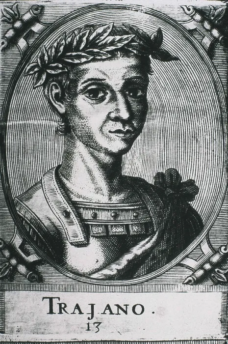 Framed Print : TRAJAN, Marcus Ulpius Traianus (53-117). Portrait of Trajan with laurels. Dtail of the original engraving. Engraving. AISA / Everett Collection**US SALES ONLY**