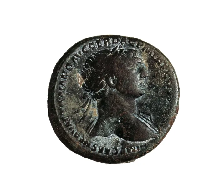 Framed Print : Trajan's sestertius, bronze coin minted in Caesaraugusta. Coin. Proc: SPAIN. Zaragoza. Caesaraugusta. AISA / Everett Collection**US SALES ONLY**