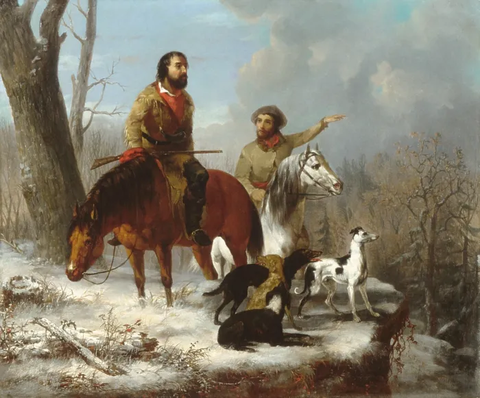 Framed Print : TRAPPERS, 1855, by two collaborating artists, Jonathan K. Trego and J. L. Williams, painting, oil on canvas